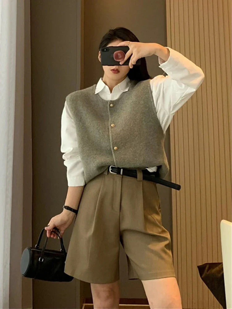 Damen Weste Lang Eleganter Stil Baumwollmischung mit Knöpfen 4