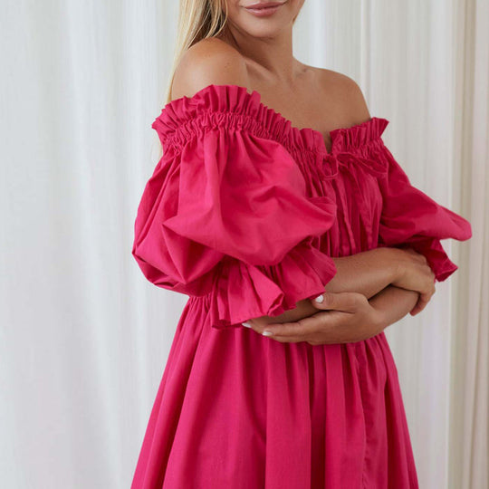 Damen Mini Kleid Off-Shoulder Baumwolle mit Puffärmeln für Sommerkleider-1