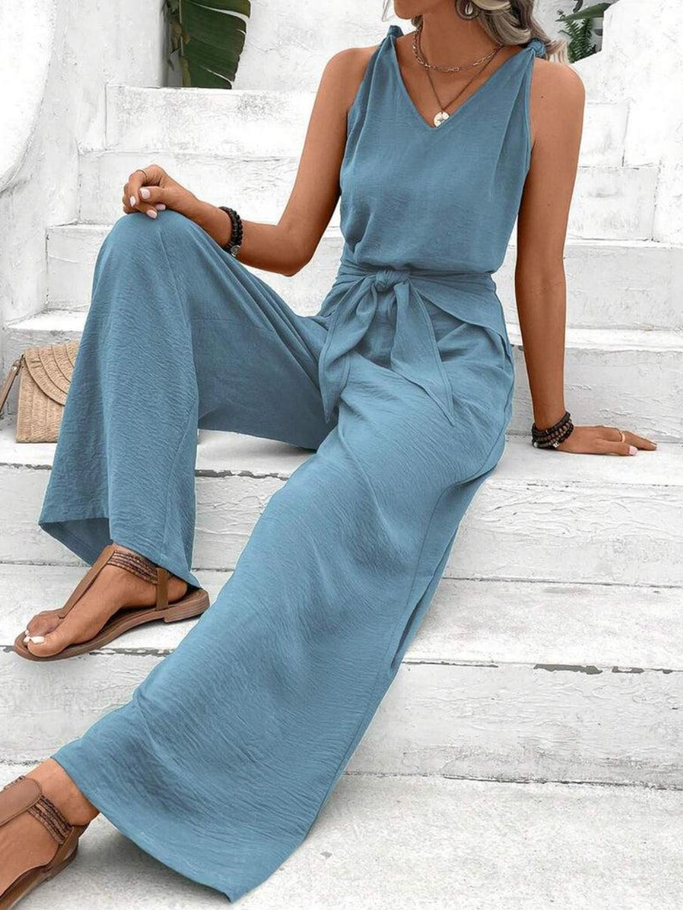 Damen Jumpsuit Elegant V-Ausschnitt Baumwolle Ärmellos-3