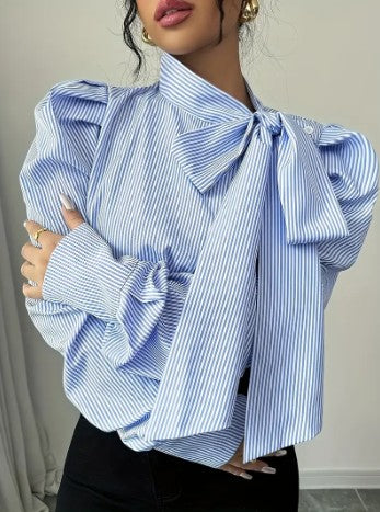 Damen Oversized Bluse mit Schleife Baumwolle-5