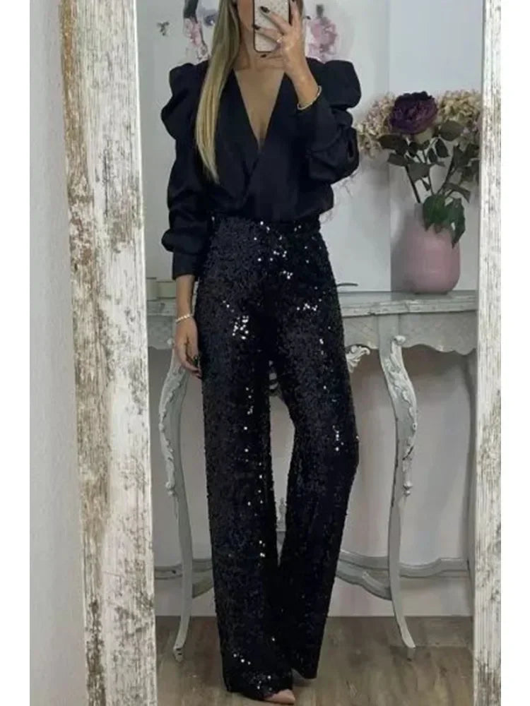 Damen Hosen mit Pailletten Elegante Partyhosen aus Polyester für besondere Anlässe 1