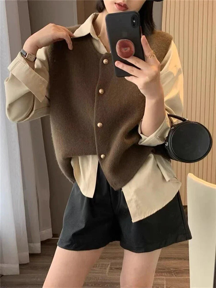 Damen Weste Lang Eleganter Stil Baumwollmischung mit Knöpfen 2