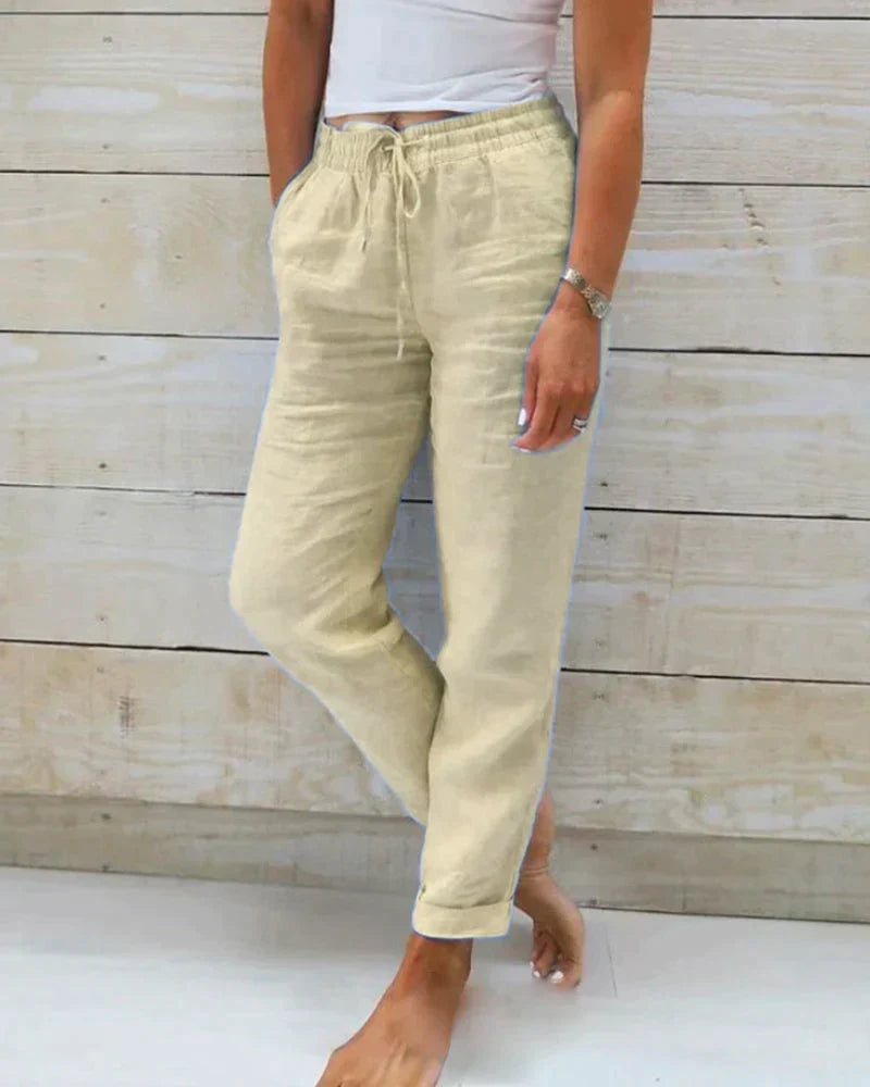 Damen Weiße Leinenhose Lockerer Schnitt Atmungsaktives Material-1