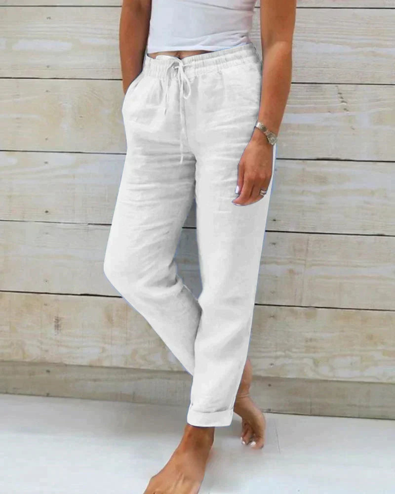 Damen Weiße Leinenhose Lockerer Schnitt Atmungsaktives Material-4