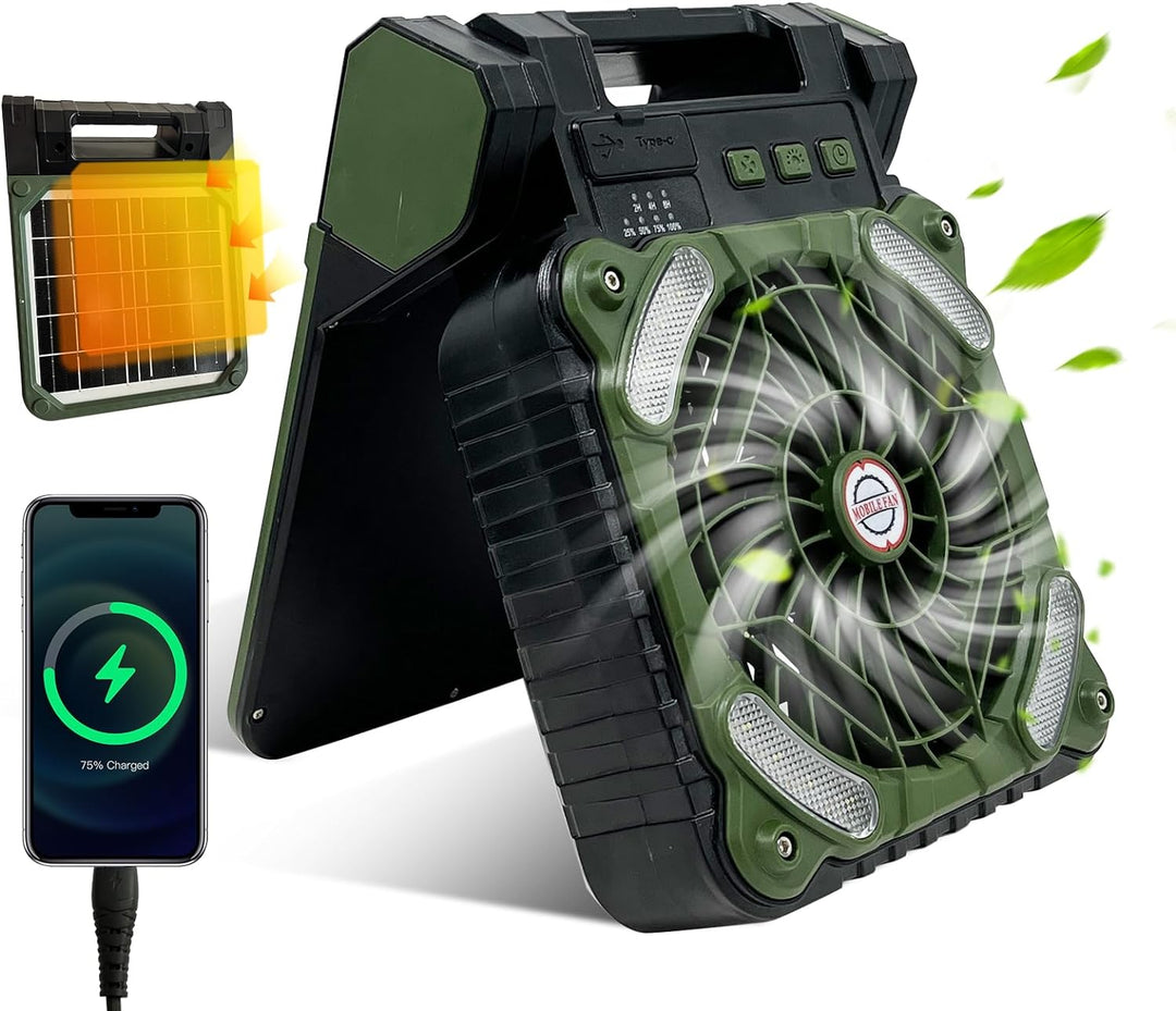 Tragbarer Camping Ventilator Mit LED-Beleuchtung, 4 Geschwindigkeitsstufen, Solarbetrieben, 20800 mAh Powerbank 0