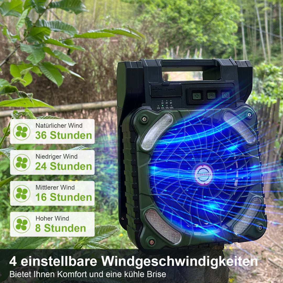 Tragbarer Camping Ventilator Mit LED-Beleuchtung, 4 Geschwindigkeitsstufen, Solarbetrieben, 20800 mAh Powerbank 3