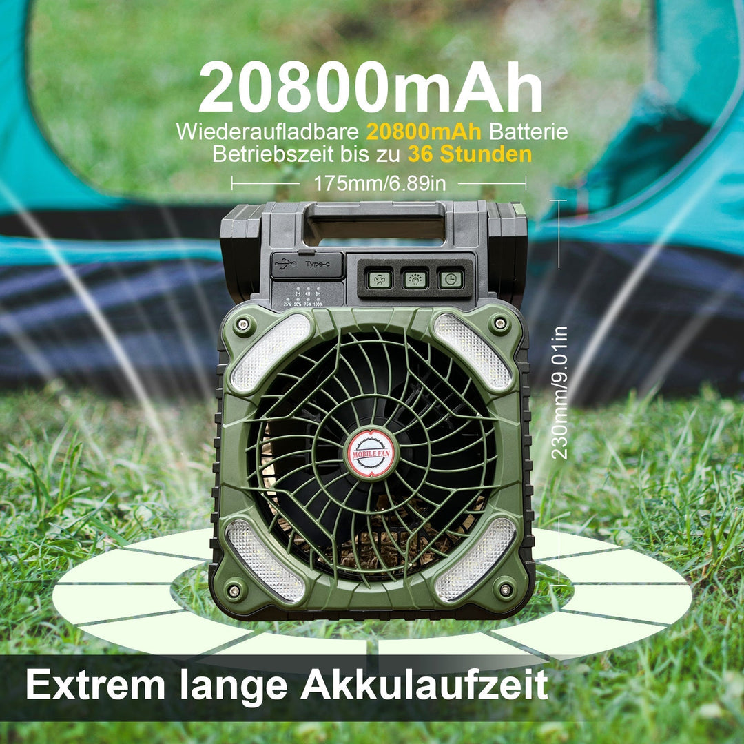 Tragbarer Camping Ventilator Mit LED-Beleuchtung, 4 Geschwindigkeitsstufen, Solarbetrieben, 20800 mAh Powerbank 6
