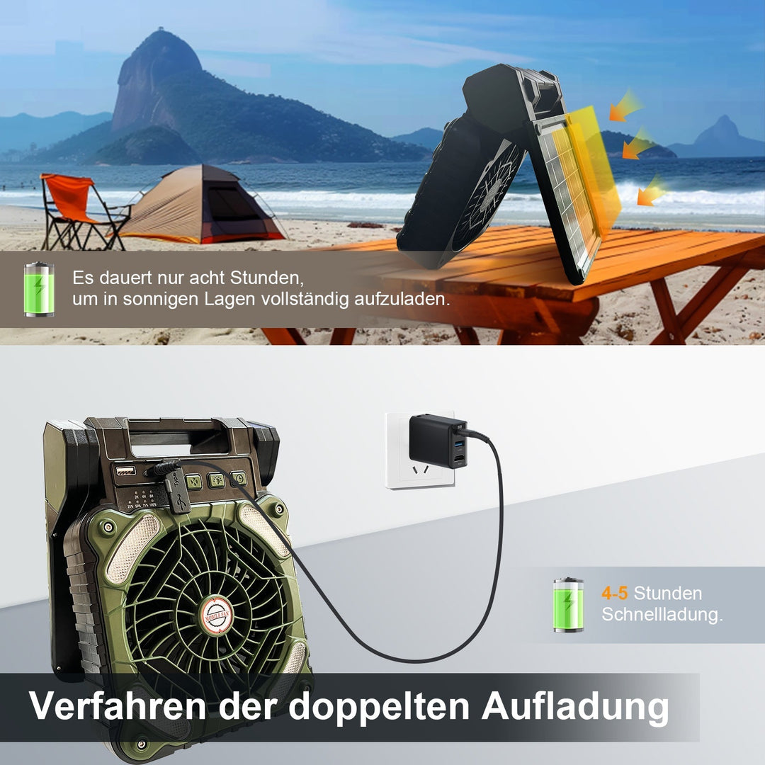 Tragbarer Camping Ventilator Mit LED-Beleuchtung, 4 Geschwindigkeitsstufen, Solarbetrieben, 20800 mAh Powerbank 7
