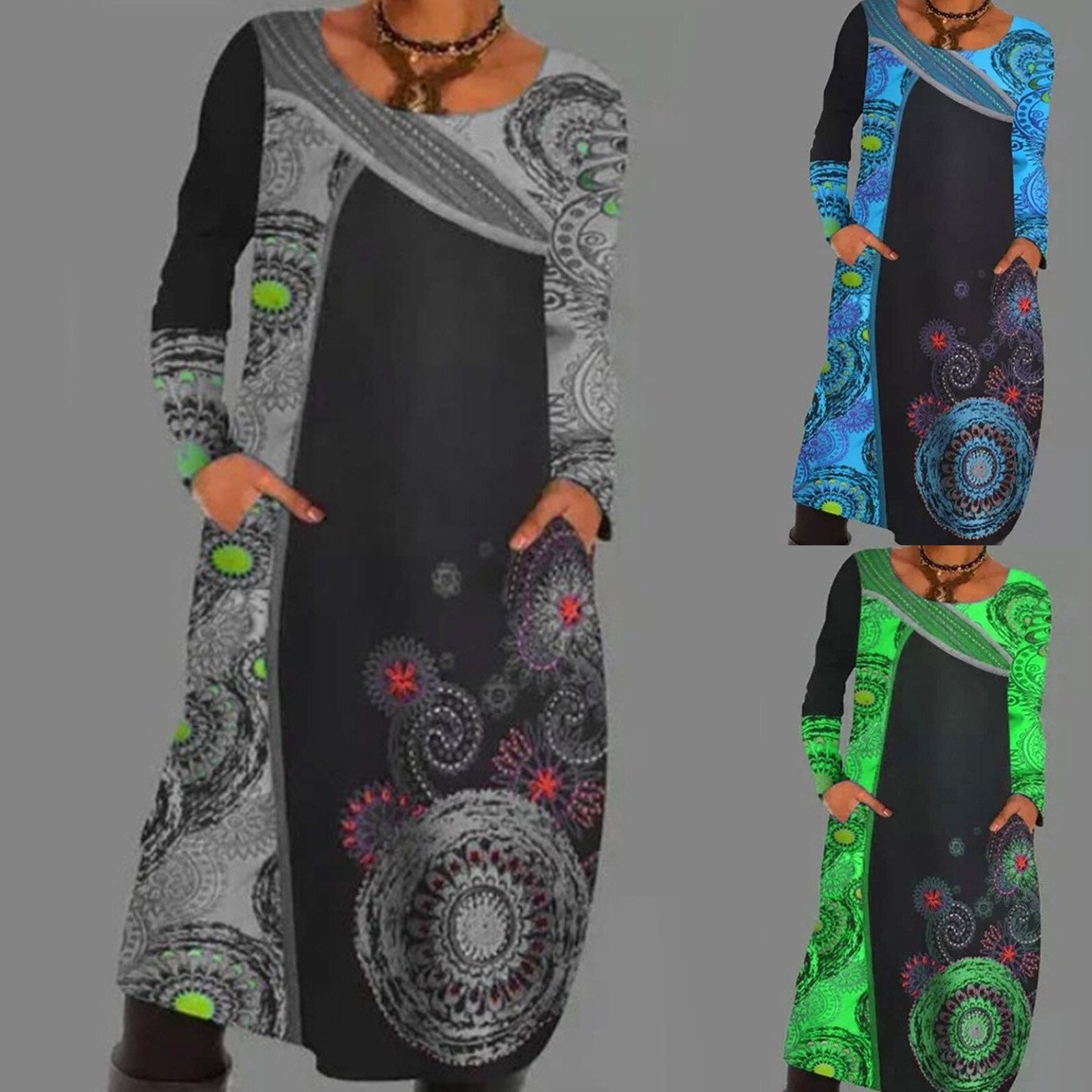 Vintage Print Pullover Kleid Mit Taschen