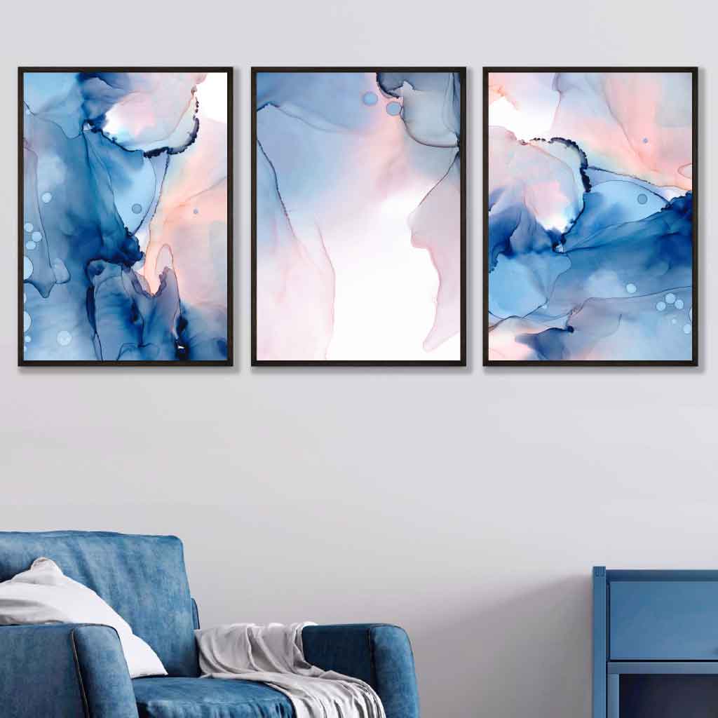 Wandkunst Set mit 3 Postern in Blau und Rosé 1