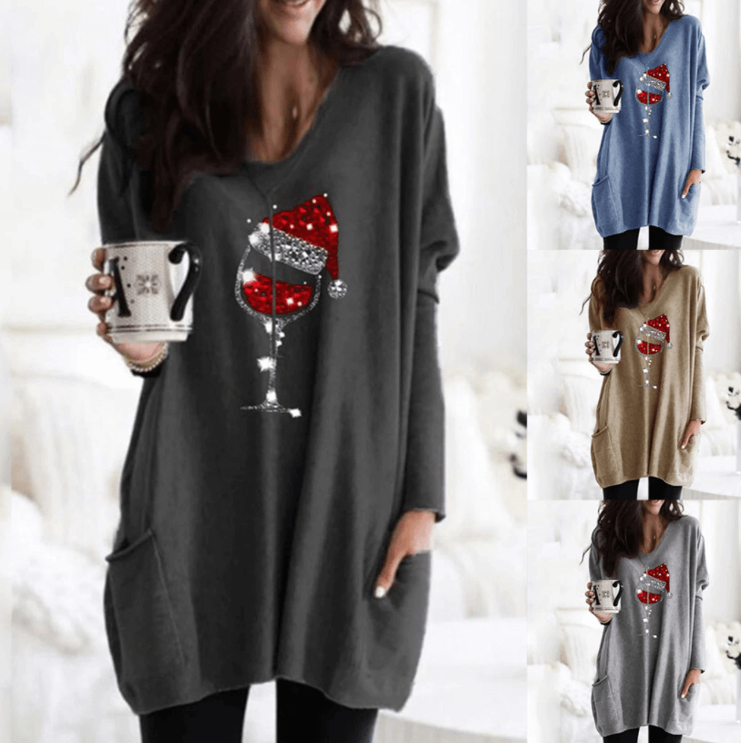 Wein & Weihnachtsmannmütze Lässiger Pullover Für Frauen