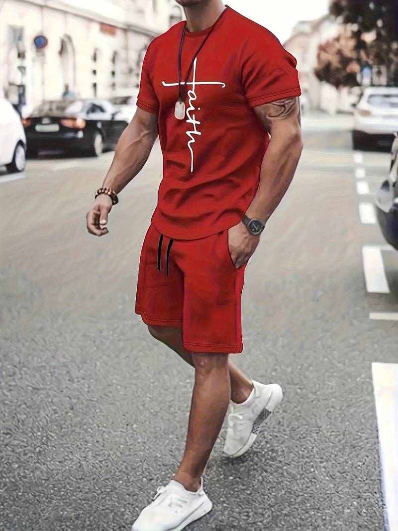 Variant image for Herren Set Kurzarm T-Shirt und Shorts Baumwolle mit Modernem Faith Print-25