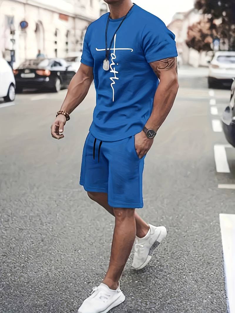 Variant image for Herren Set Kurzarm T-Shirt und Shorts Baumwolle mit Modernem Faith Print-1