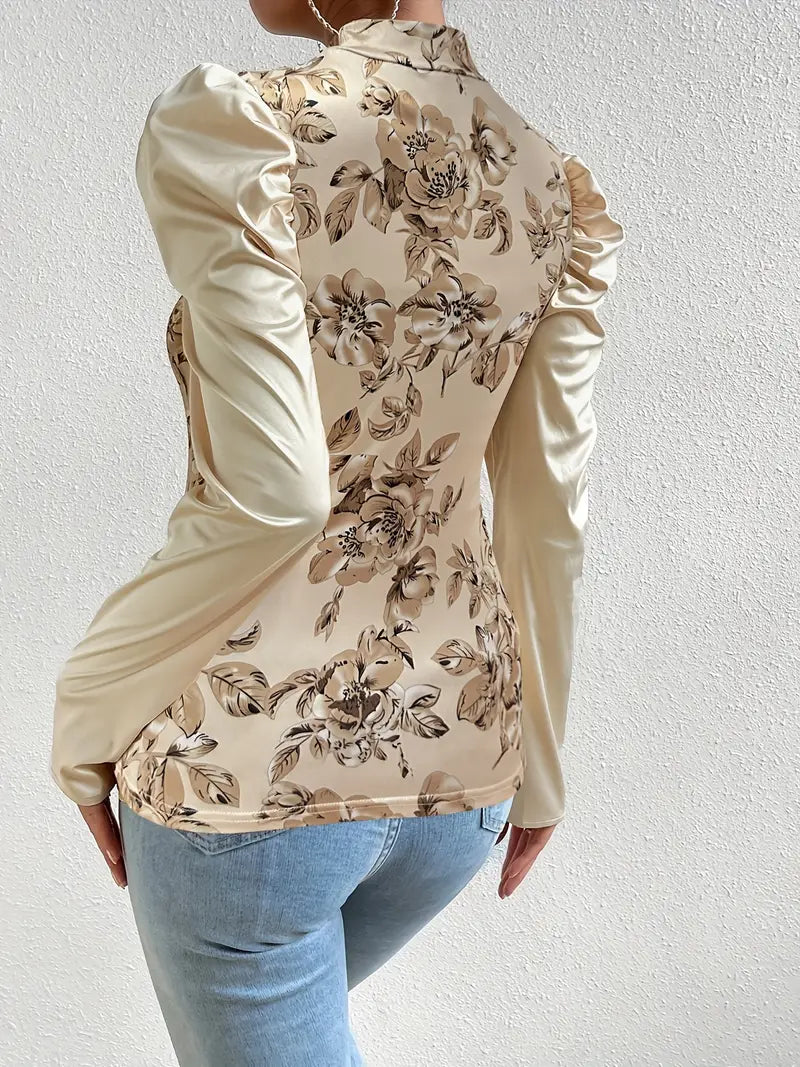 Damen Satin Top Festlich Blumenmuster Elegantes Oberteil-3