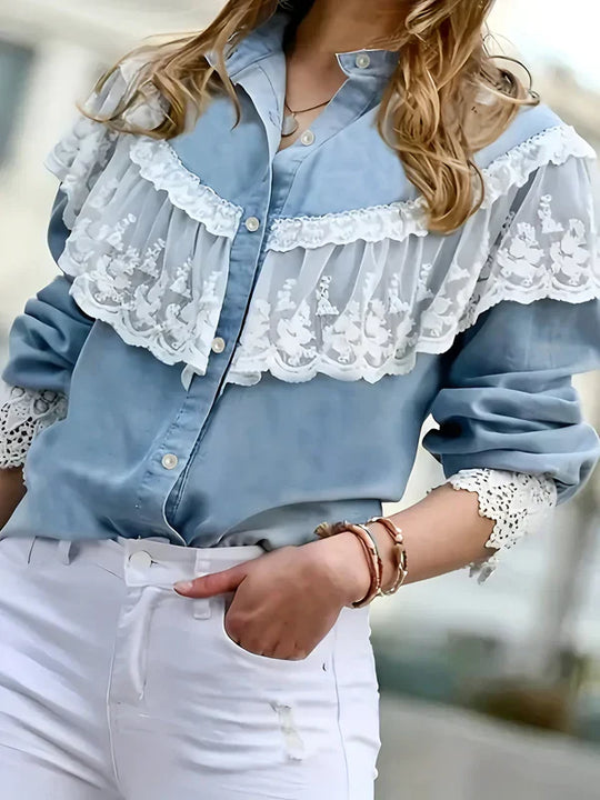 Damen Jeanshemd mit Spitzenbesatz aus Baumwolle, Elegant und Vielseitig-3