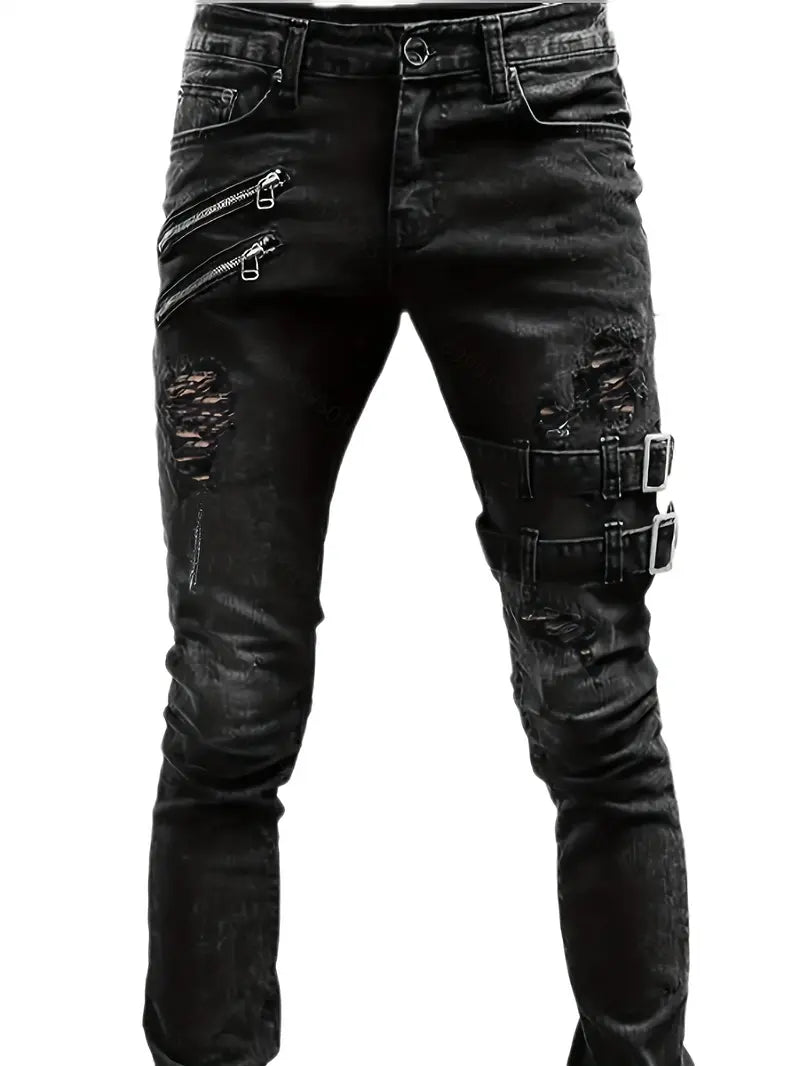Variant image for Herren Bikerjeans Lässig Gestepptes Denim mit Reißverschlüssen-1