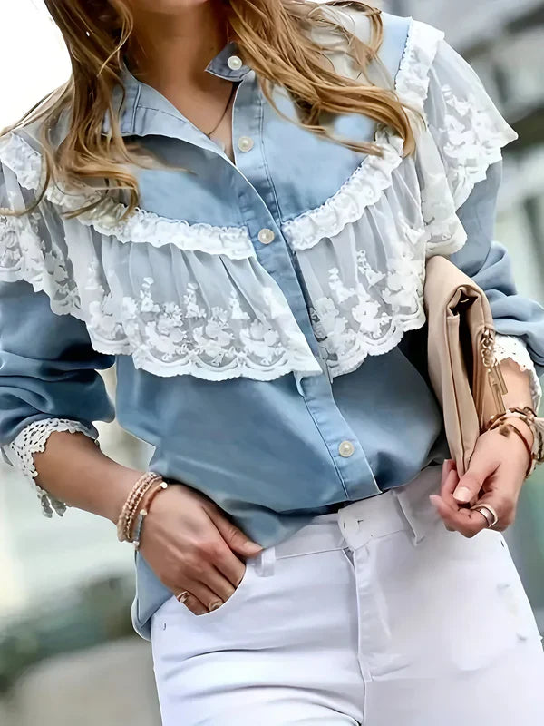 Damen Jeanshemd mit Spitzenbesatz aus Baumwolle, Elegant und Vielseitig-4