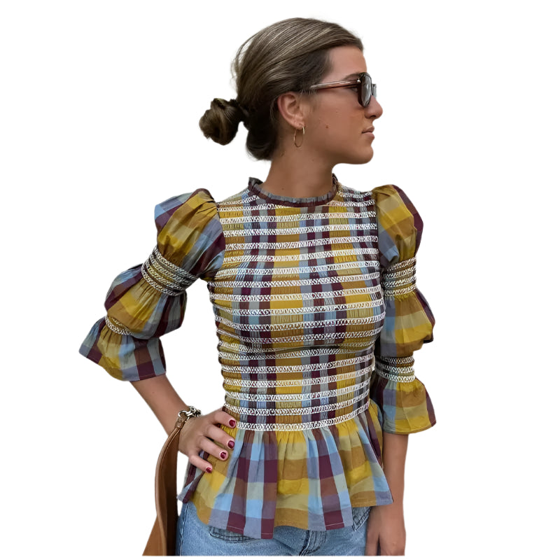 Damen kariertes T-Shirt mit Puffärmeln