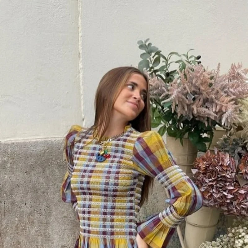 Damen kariertes T-Shirt mit Puffärmeln