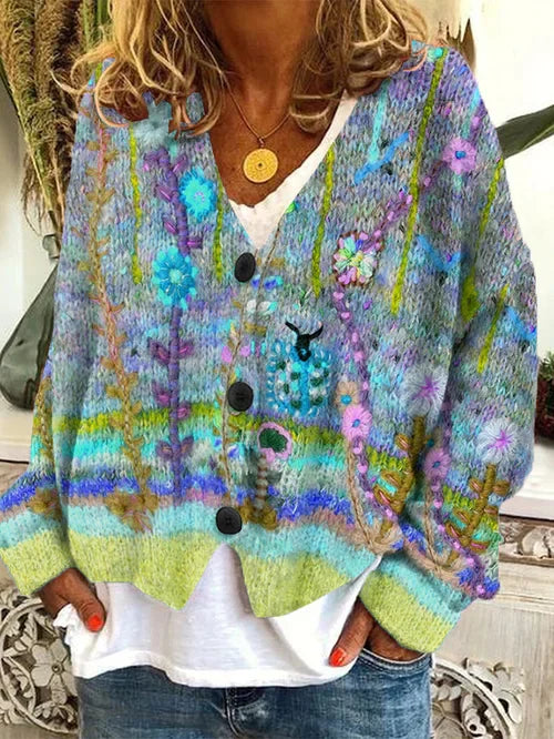 Variant image for Damen Cardigan Retro-Stil Wollflanell mit Verspieltem Print-9