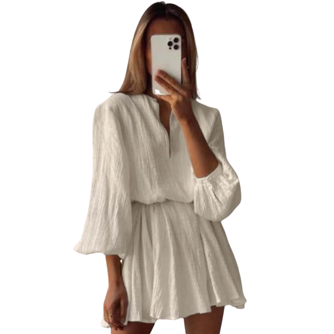 Damenkleid mit Schleifengürtel und kurzen Ballonärmeln