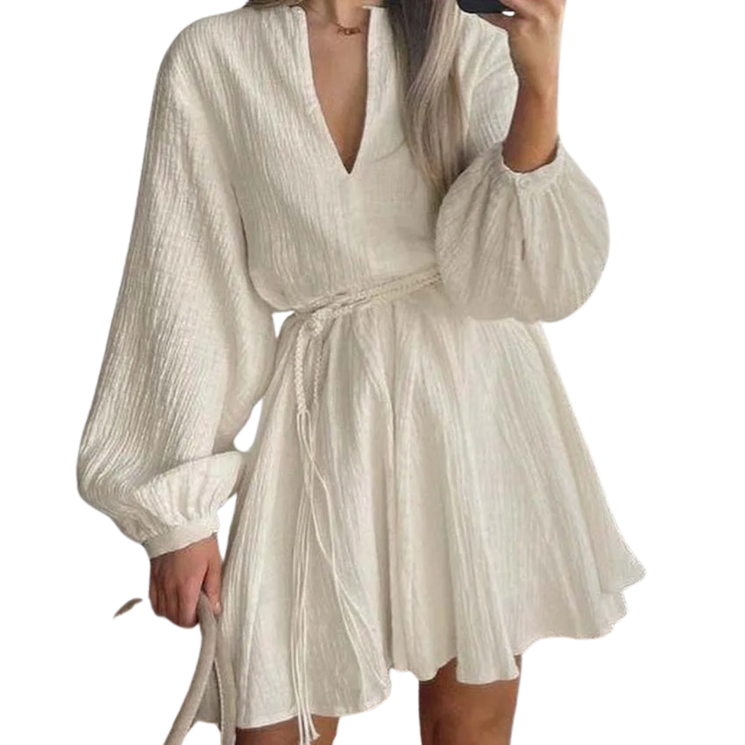 Damenkleid mit Schleifengürtel und kurzen Ballonärmeln