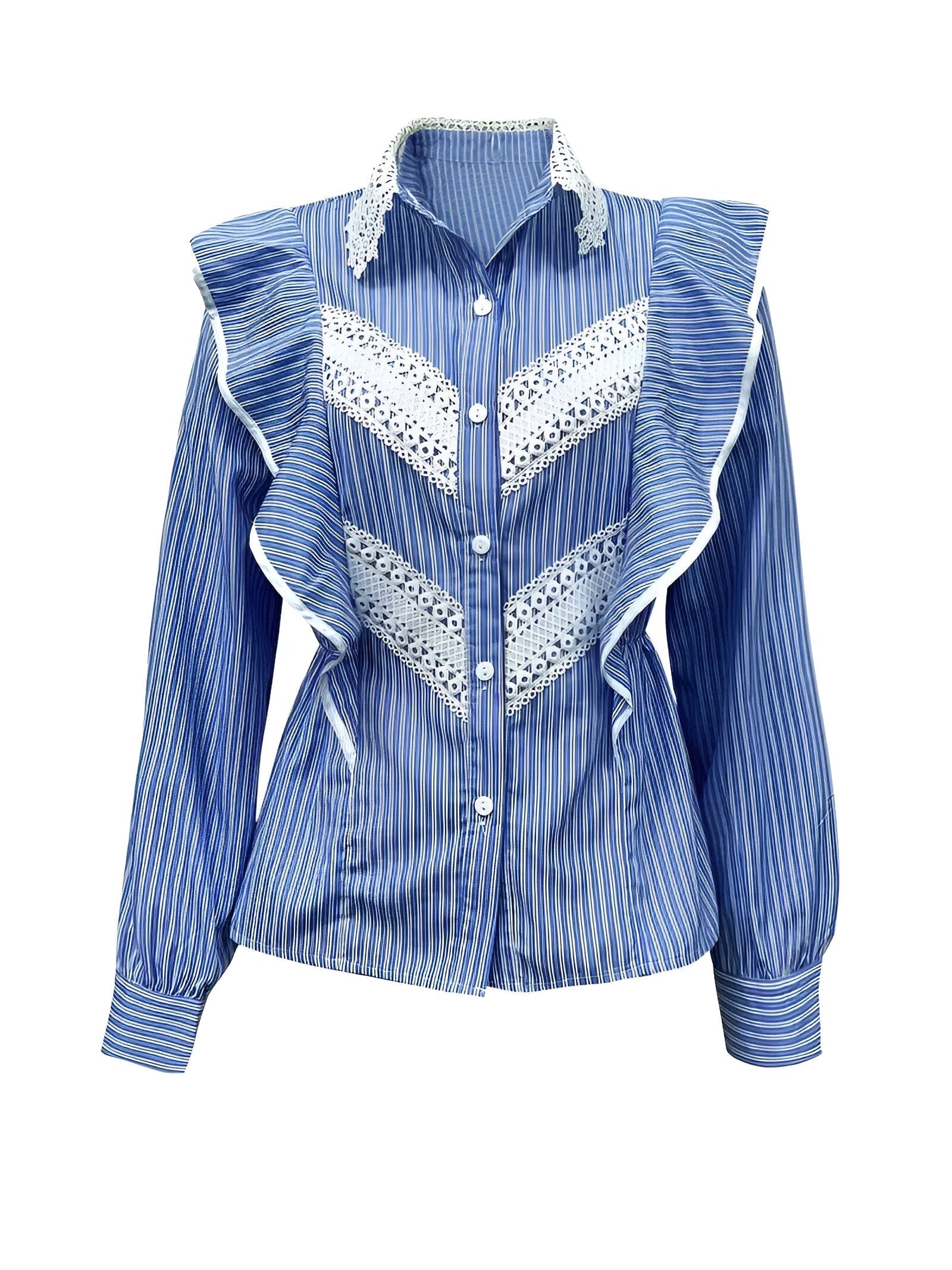 Damen Hemdbluse Gestreift mit Rüschen und Spitze aus Weichem Stoff-6