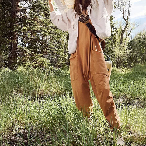 Damen Jumpsuit Schwarz Lässig Baumwolle Ärmellos-3