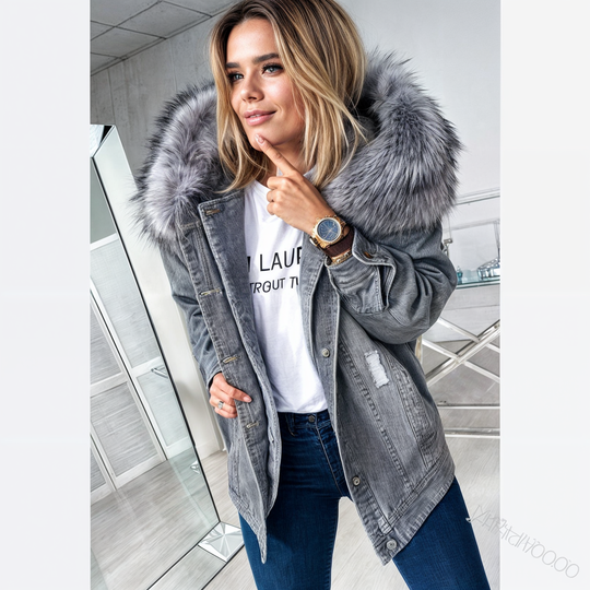 Damen-Jeansjacke mit Fellkragen