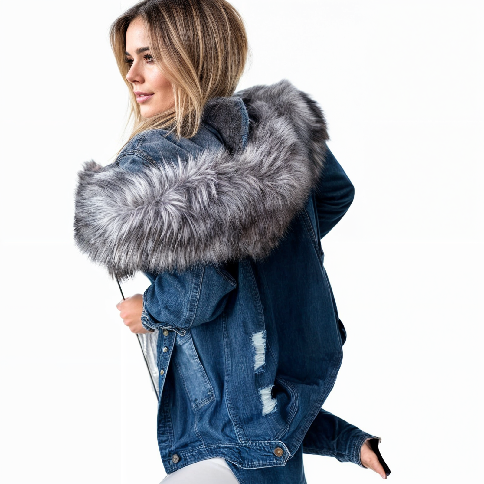 Damen-Jeansjacke mit Fellkragen