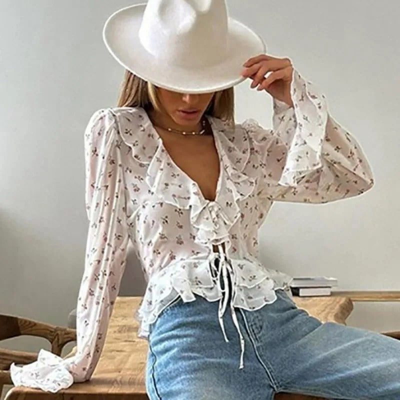 Damenbluse mit V-Ausschnitt und Chiffon-Print