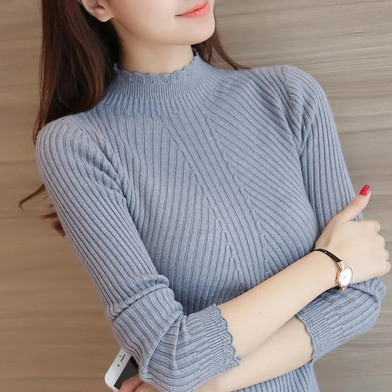 Strickpullover mit Rüschen am Hals