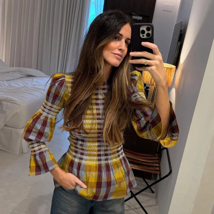 Damen kariertes T-Shirt mit Puffärmeln