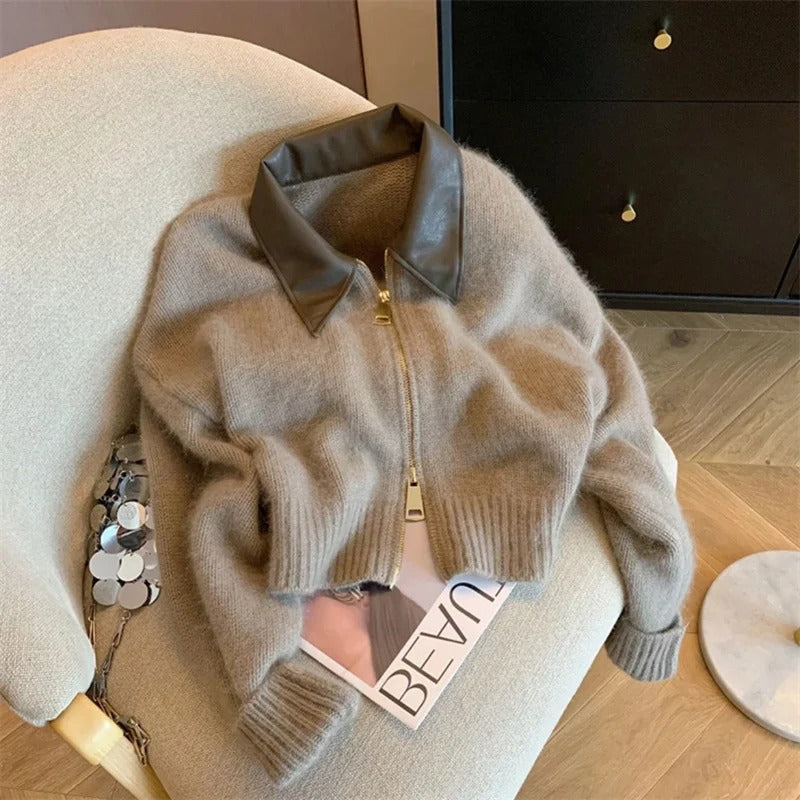 Strickpullover mit Ledercollier für Damen