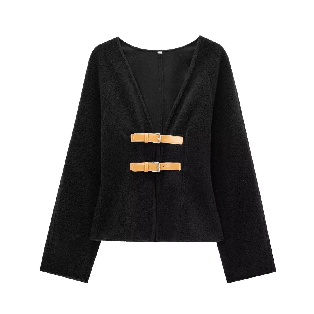 Damen Wollmantel mit Lederschnalle
