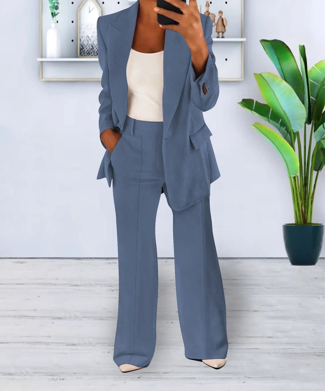 Variant image for Damenanzug Blazer Set Schwarz Elegant Weite Hosen Polyester-8